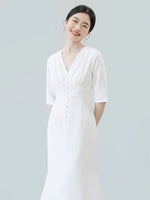 Load image into Gallery viewer, Tailored Button Mermaid Midi Dress in White
