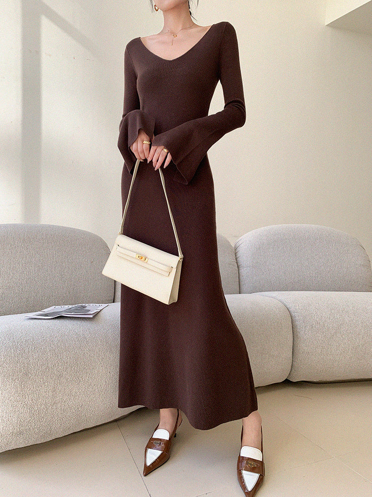 Knitted Flute Sleeve Maxi Dress in Brown