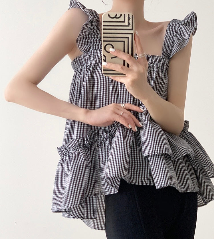 Checked Layered Babydoll Top in Black