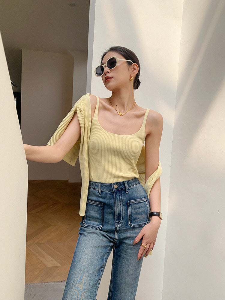 Ribbed Cami + Cardigan Set in Yellow