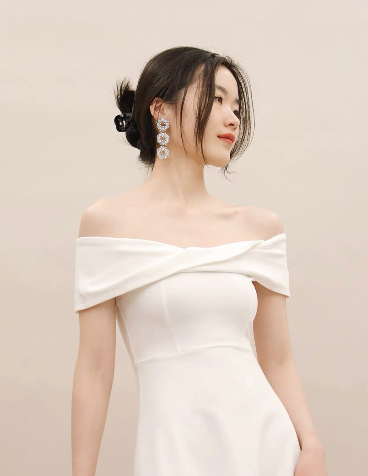 Off Shoulder Twist Flare Midi Dress in White