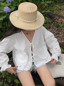 Laser Cut Ribbon Tie Blouse in White