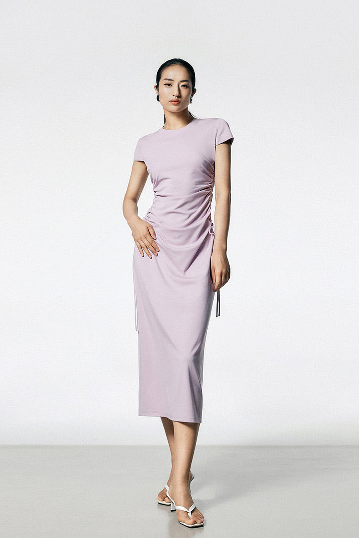 Side Cutout Shirring Dress in Purple