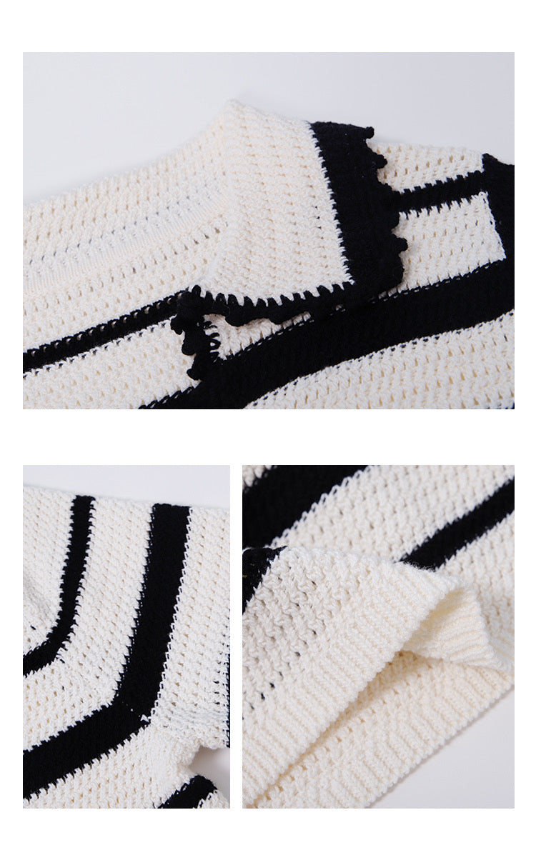 Striped Knit Polo Top in White/Black