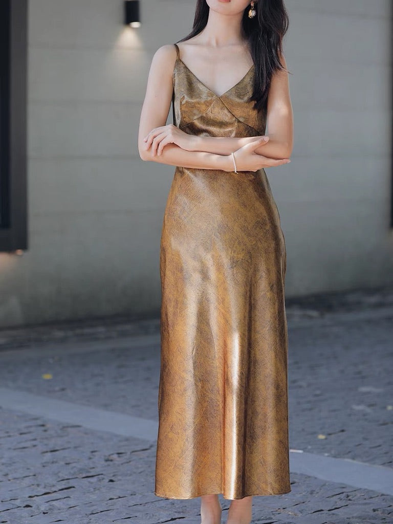 Metallic Tie Back Slip Dress in Gold