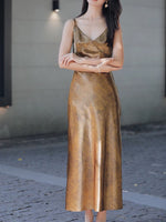 Load image into Gallery viewer, Metallic Tie Back Slip Dress in Gold
