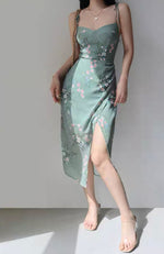 Load image into Gallery viewer, Otti Floral Wrap Tie Strap Slit Dress in Green
