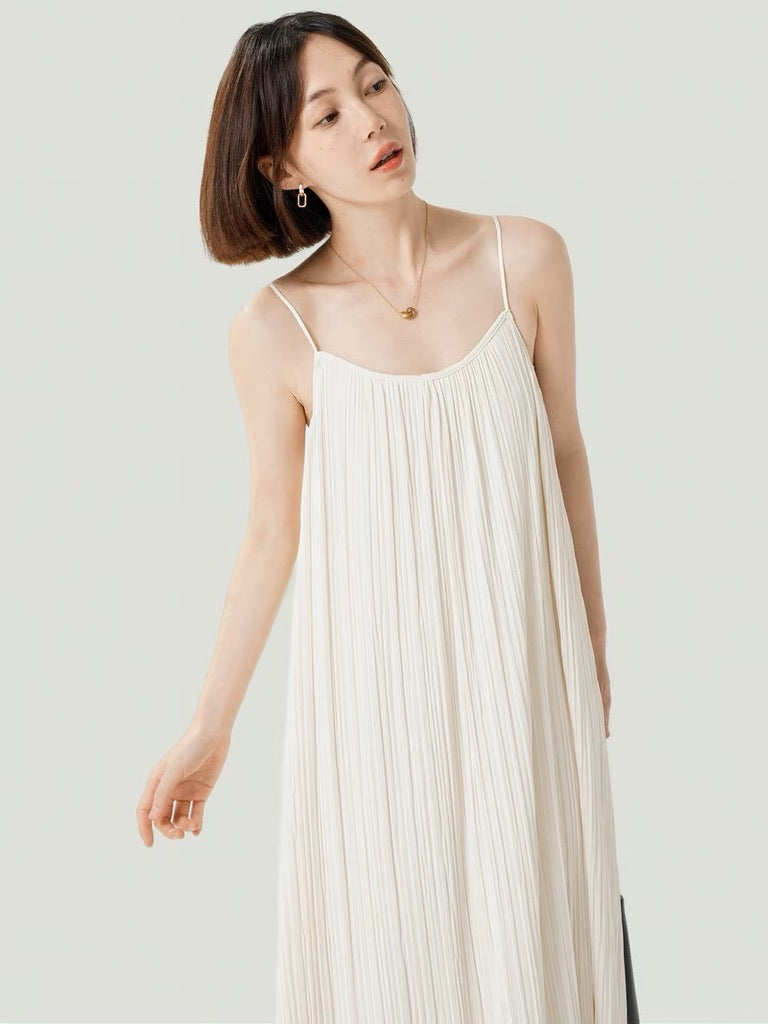 Fine Pleated Cami Maxi Dress in White