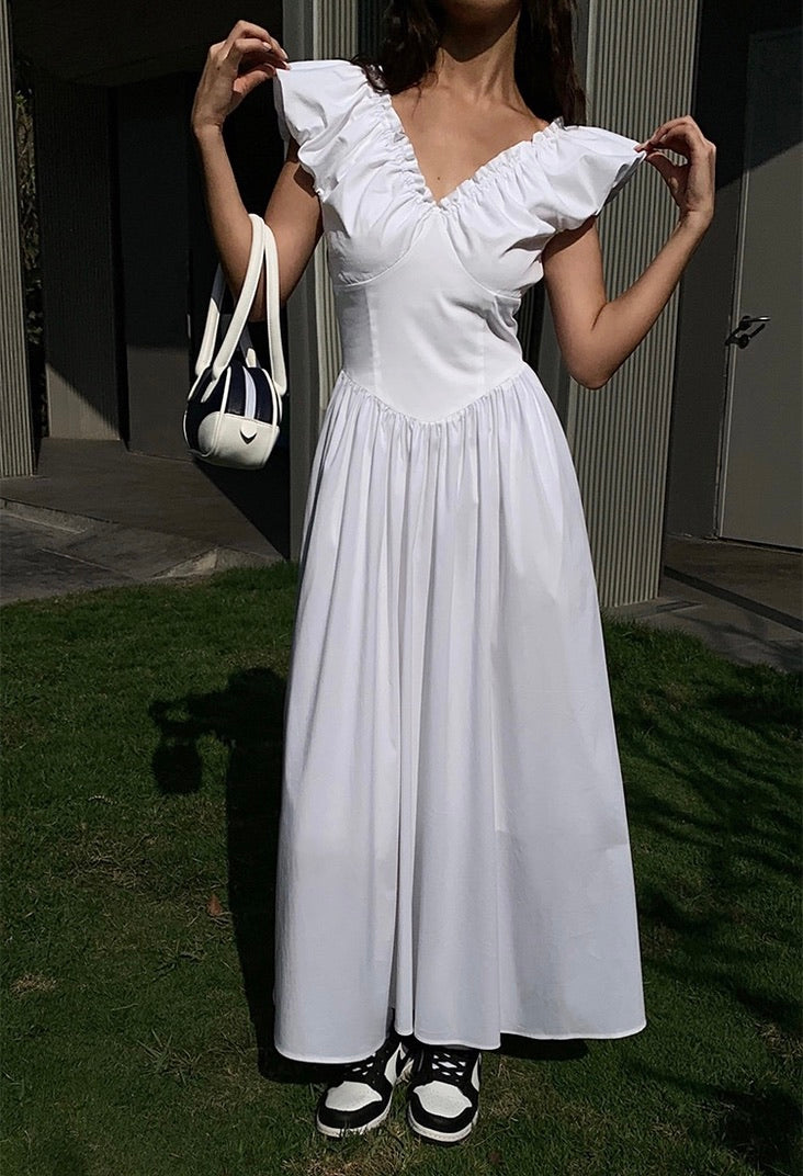 Gathered V Pocket Maxi Dress in White