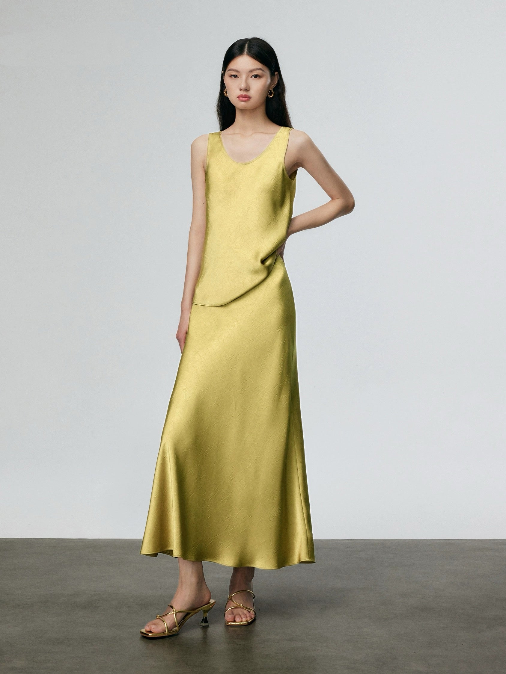 Satin Top + Slip Skirt Set in Yellow