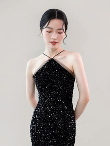 Sequin Halter Slit Maxi Dress in Black