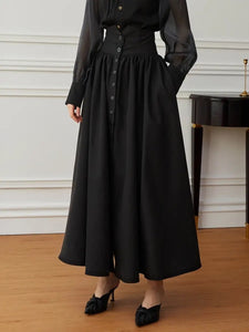 High Waist Button Pocket Maxi Skirt in Black