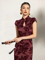 Load image into Gallery viewer, Floral Stretch Maxi Cheongsam in Red
