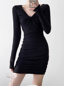 Twist Shirring Mini Bodycon Dress in Black
