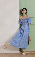 Load image into Gallery viewer, Off Shoulder Floral Blouson Dress in Blue
