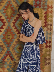 2-Way Off Shoulder Toga Printed Maxi Dress in Blue