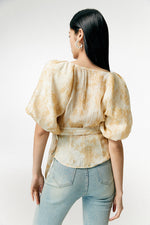 Load image into Gallery viewer, Tencel Printed Blouson Wrap Top in Yellow
