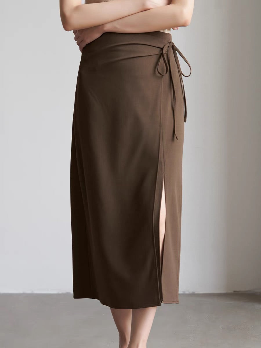 Midi Wrap Tie Slit Skirt in Brown