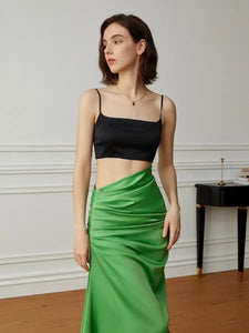 High Waist Gathered Satin Skirt in Green