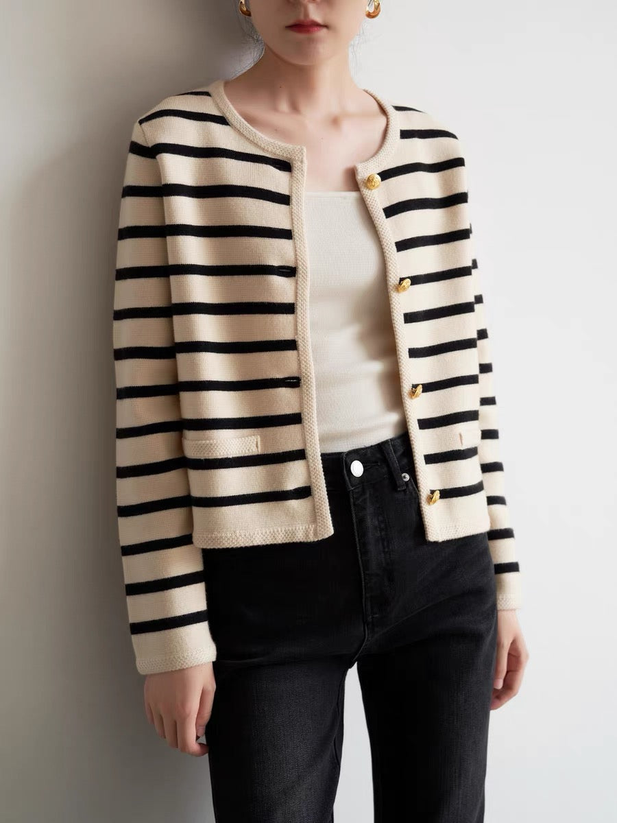 Wool Blend Striped Cardigan in Cream