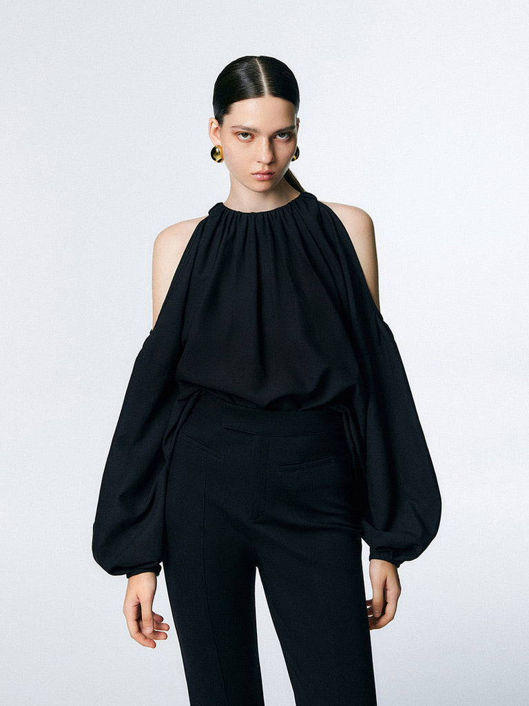 Shoulder Cutout Long Sleeve Blouse in Black
