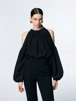Load image into Gallery viewer, Shoulder Cutout Long Sleeve Blouse in Black
