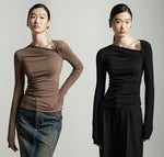 Load image into Gallery viewer, Asymmetric Side Shirring Long Top in Brown
