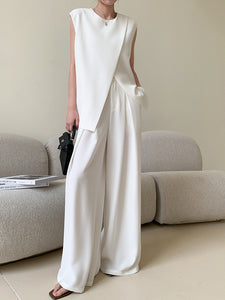 Overlap Top + Wide Leg Trousers Set in White