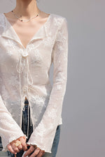Load image into Gallery viewer, Floral Flute Sleeve Tie Top in White
