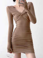 Load image into Gallery viewer, Twist Shirring Mini Bodycon Dress in Latte
