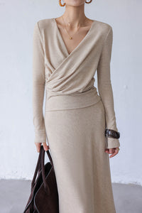 Fine Knit Top + Maxi Skirt Set in Beige