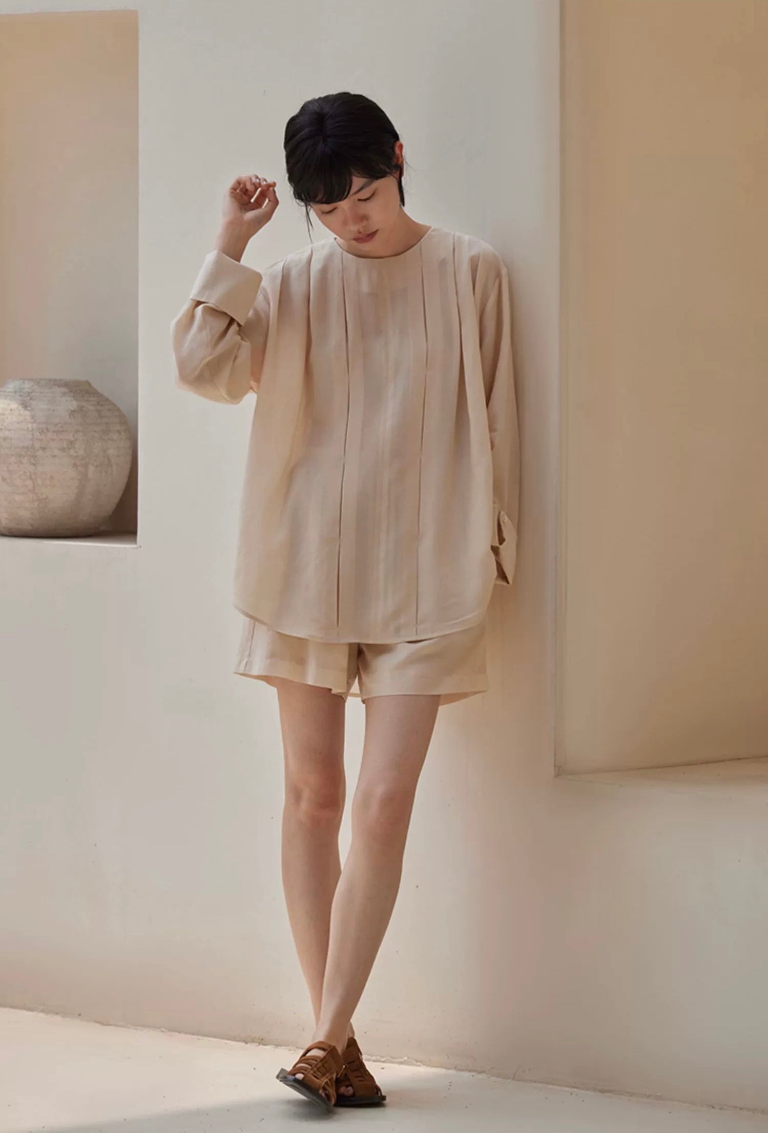 Tencel Blouse + Shorts Set in Beige