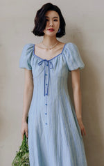 Load image into Gallery viewer, Tencel Puff Sleeve Dress in Blue
