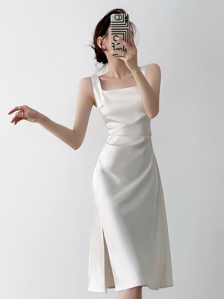 Tailored Sleeveless Slit Mid Dress in White