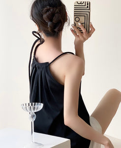 Ribbon Tie Long Top in Black