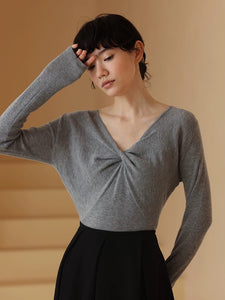 Wool Blend Twist Knit Top in Grey