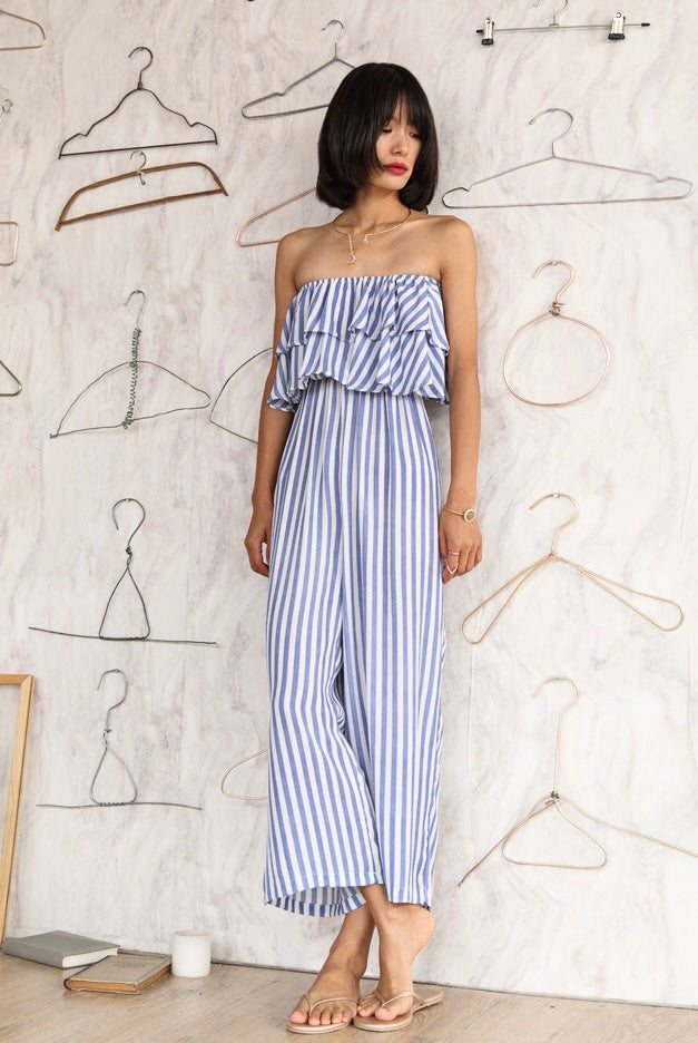Off Shoulder Striped Ruffle Maxi Jumpsuit in Blue