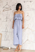 Load image into Gallery viewer, Off Shoulder Striped Ruffle Maxi Jumpsuit in Blue
