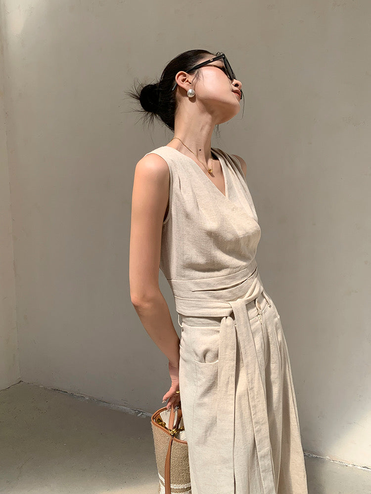 Linen Blend Tie Top + Trousers Set in Beige