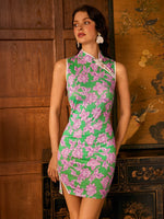 Load image into Gallery viewer, Floral Stretch Mini Cheongsam in Green
