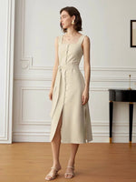 Load image into Gallery viewer, Tailored Button Tie Slit Dress in Beige
