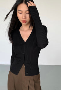 Ribbed Button Cardigan Top in Black