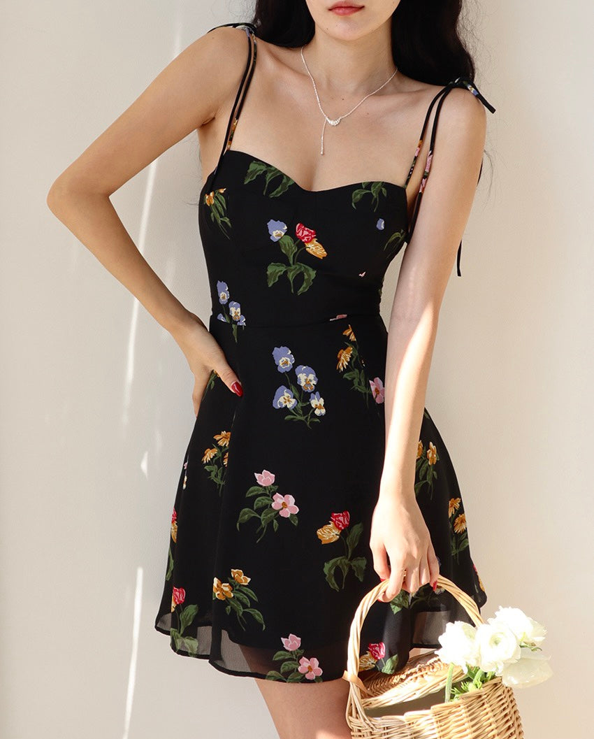 Chrisoula Floral Tie Strap Mini Dress in Black LEXI + LOU Chrisoula Floral Tie Strap Mini Dress in Black LEXI + LOU