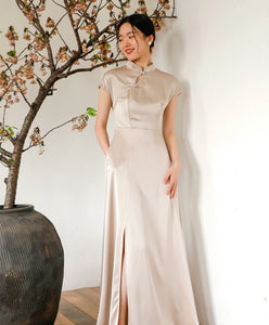 Slit Pocket Maxi Cheongsam Dress in Champagne