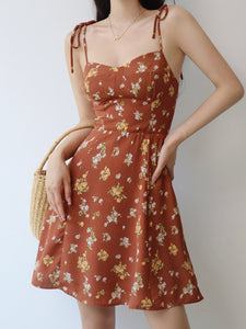 Ibiza Floral Cami Tie Strap Mini Dress in Brown