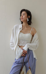 Load image into Gallery viewer, Lace Trim Oversized Shirt in White
