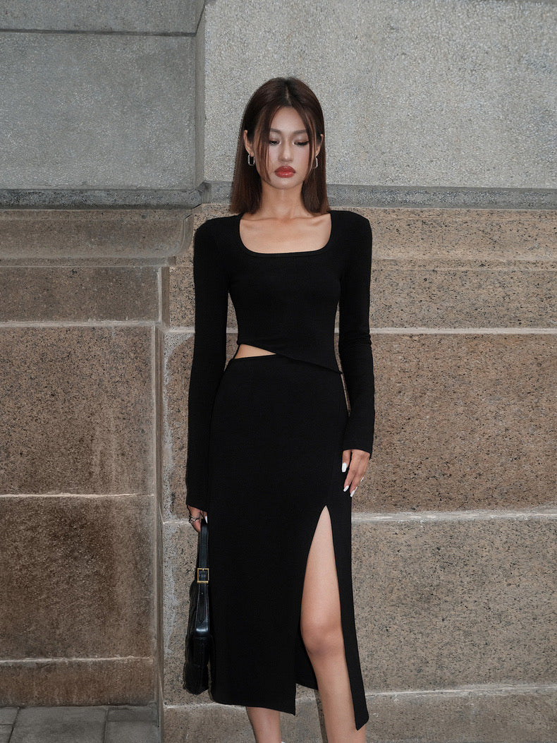 Knitted Side Cutout Slit Midi Dress in Black