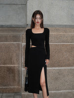 Load image into Gallery viewer, Knitted Side Cutout Slit Midi Dress in Black
