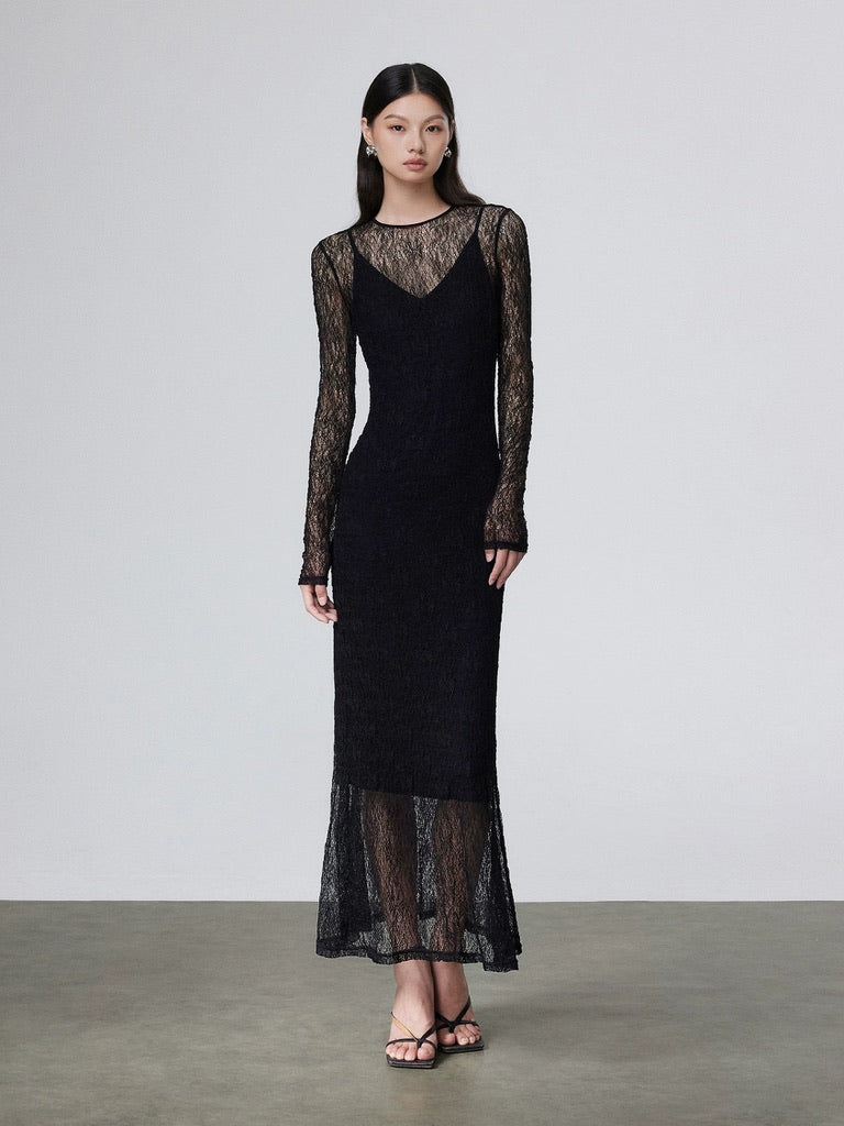 Sheer Lace Layer Dress in Black