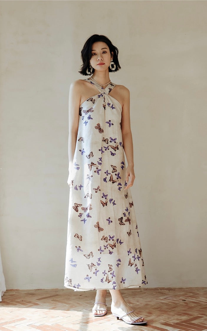 Printed Halter Maxi Dress in Beige